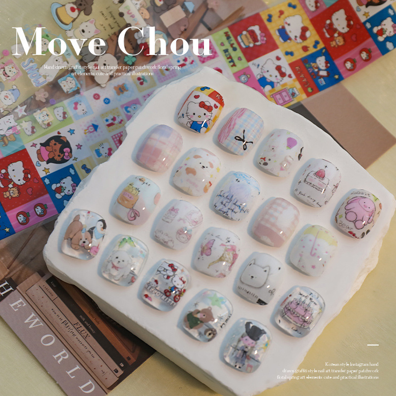 Korean-Style Hand-Painted Cream Floral Nail Patchwork Elements Nail Art New Transfer Stickers Ins Short Nail Materials