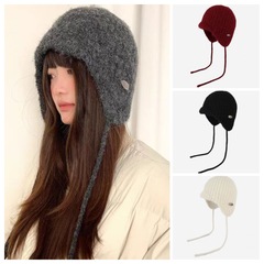 女性用ニット耳保護サンダーハット、韓国風、かわいいストラップ、厚くて暖かいフライトハット、大きな頭囲、顔が見える小さなウールの帽子