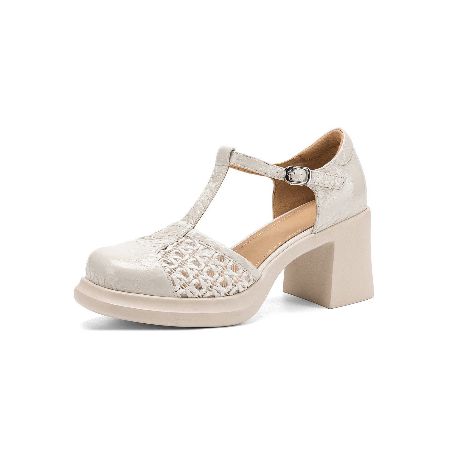 Sandal cao gót nữ quai ngang phong cách vintage, gót 8.5 cm, đế dày, mũi kín — đen