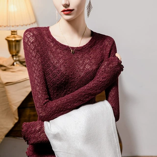 圆领镂空性感蕾丝打底衫女纯色2024秋冬新款内搭女装长袖上衣小衫