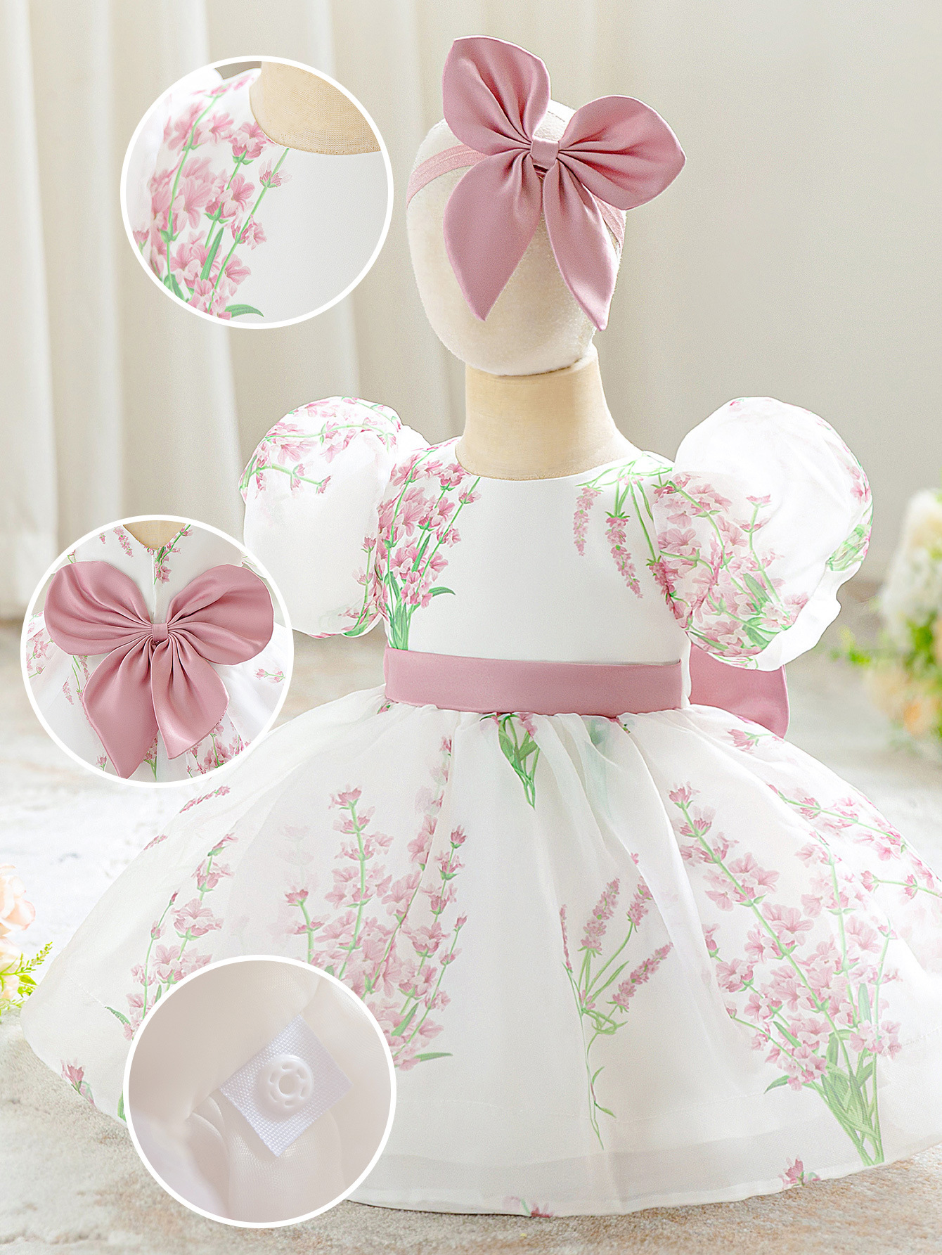 Vestido de niña 2025: Vestido de princesa con falda abullonada de malla lavanda estampada, ideal para bodas, damitas de honor y actuaciones infantiles.