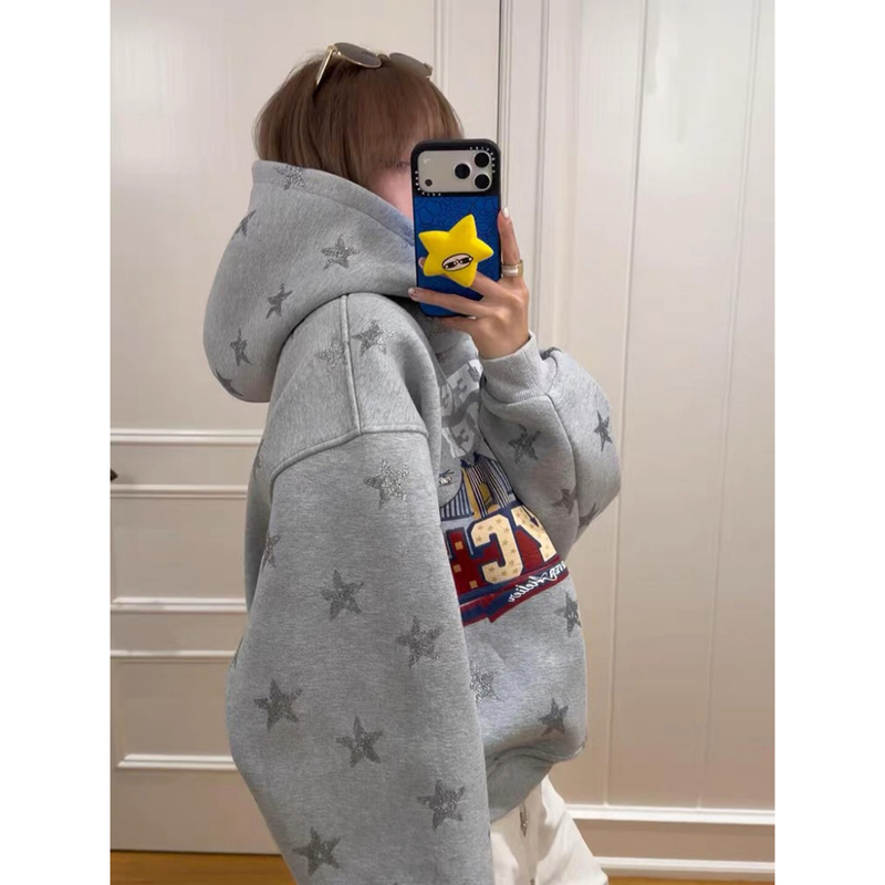 American Retro Letter Star Print Hooded Sweatshirt for Women Fleece-Lined Autumn and Winter Lazy Style Loose Couple Jacket