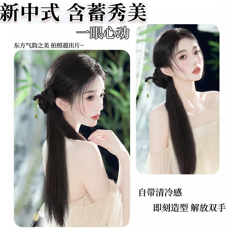新中式竹节发簪辫子双马尾假发女古风抓夹仿真编发旗袍汉服侧|undefined