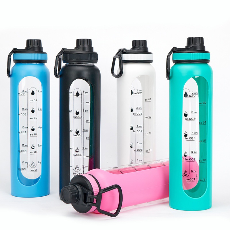 Taza de vidrio con tapa de bambú de gran capacidad transfronteriza, cuerda de elevación, cubierta de silicona portátil, taza de agua graduada, botella de agua deportiva de vidrio de alto valor