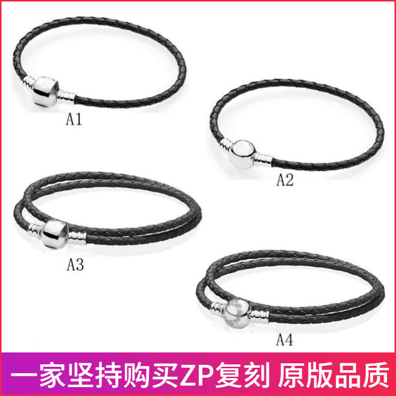 Panjiadora S925 Silver Leather Rope Black Braided Single-loop Hand Rope Round Buckle Head Double-loop Leather Hand Rope Panjiadora Bracelet