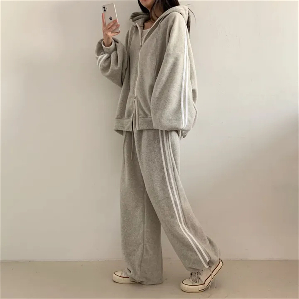 クロスボーダー卸売ジッパースウェットシャツカジュアルツーピースグレー韓国ブランドファッションスポーツスーツ女性のための春と秋怠惰なルーズ