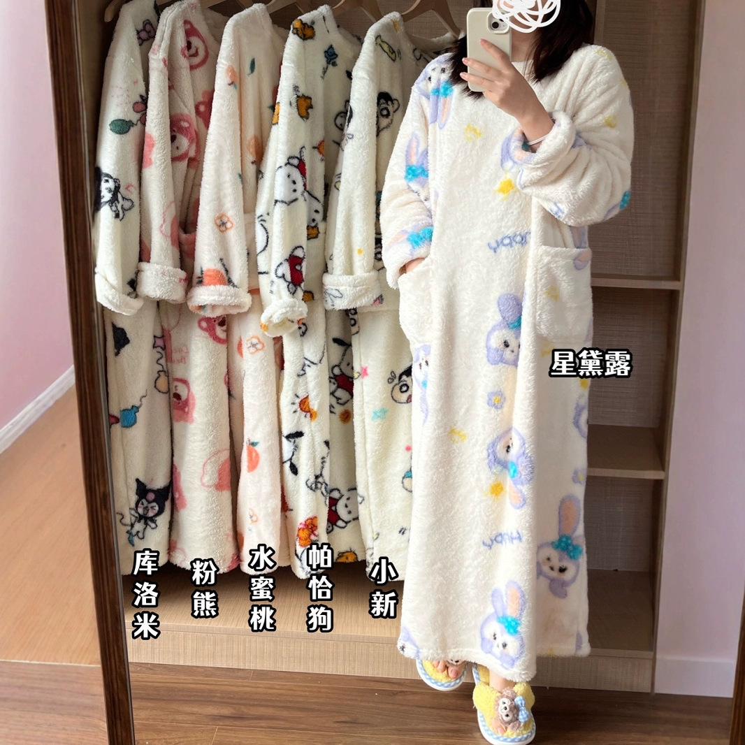 【原创实拍】行走的大被子珊瑚绒印花睡袍冬季睡衣保暖居家服睡裙