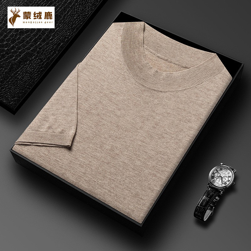 Light Luxury High-end 120 Worsted All Wool T-shirt Knitted Half-sleeved Top Men's Short-sleeved Wool Sweater Thin Base