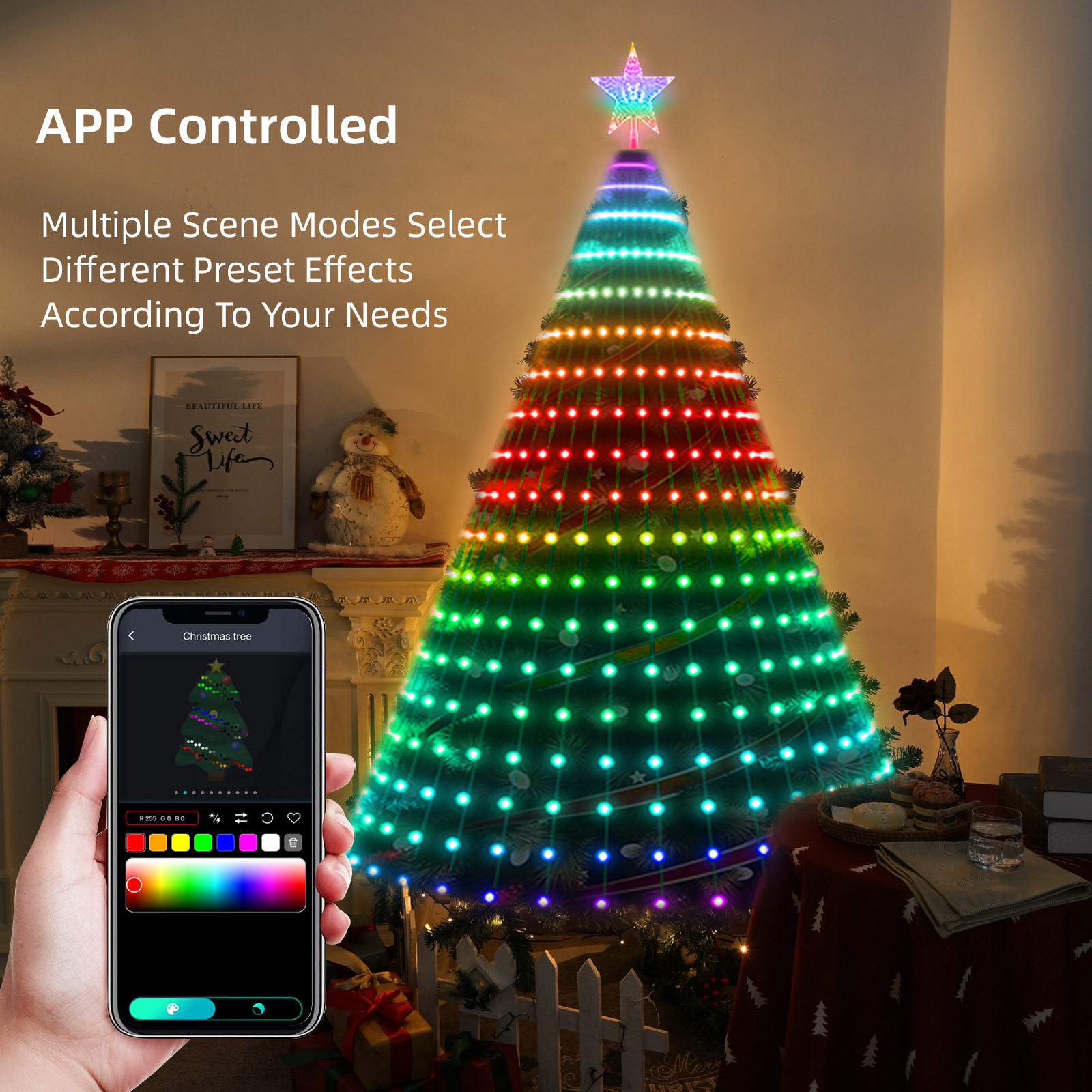 Amazon árbol de Navidad iluminación de color punto de control de piel luz de línea de luz de atmósfera de Navidad APP cuerda inteligente de árbol de Navidad
