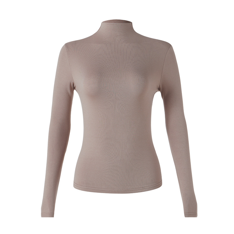 Blusa feminina de gola alta fina para outono e inverno, com mangas compridas e gola alta embutida, ideal para uso interno e externo._voghion.com