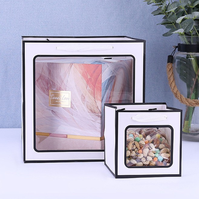 Bolsa de embalaje cuadrado engrosado flores boda bolsa de regalo inferior transparente ventana portátil bolsa de regalo bolsa de papel al por mayor