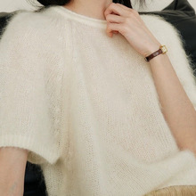 奢牌同源马海毛半袖上衣宽松女针织白色短袖毛衣秋款