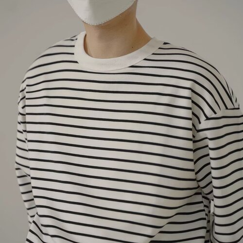Spring and Autumn New Korean Style Trendy Stylish Retro Striped Print Crew Neck Long Sleeve T-shirt for Men Loose Fit Top