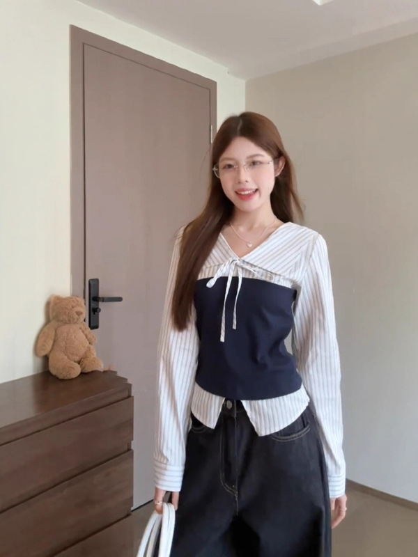韩系条纹撞色系带翻领衬衫女秋季小众设计感别致修身显瘦长袖上衣|undefined