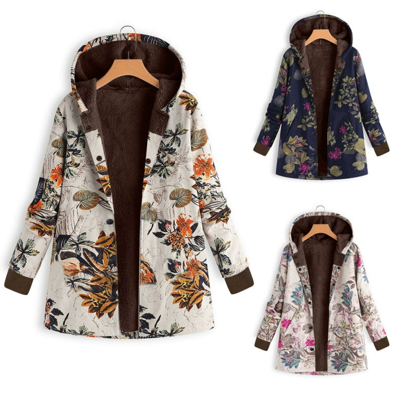 Настоящая женская утолщенная плюшевая хлопковая верхняя одежда с длинными рукавами и капюшоном, ретро-цветочный принт, куртка с капюшоном большого размера, топ