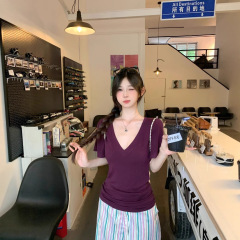 韓国パープルVネックショルダー半袖Tシャツレディース夏デザインニッチ気質ウエスト痩身純粋な欲望スタイルトップ
