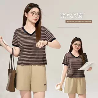 撞色条纹显瘦正肩短袖上衣夏季新款胖mm大码女装修身遮肉T恤66208