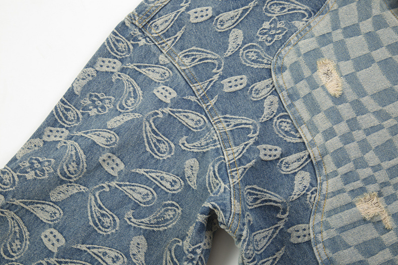 Abbigliamento maschile, marchio di moda di alta moda, giacca in denim con patchwork di fiori di anacardi strappati_voghion.com