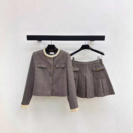 深圳南油22秋冬法式名媛风撞色木耳花边短款毛呢外套压褶半裙套装