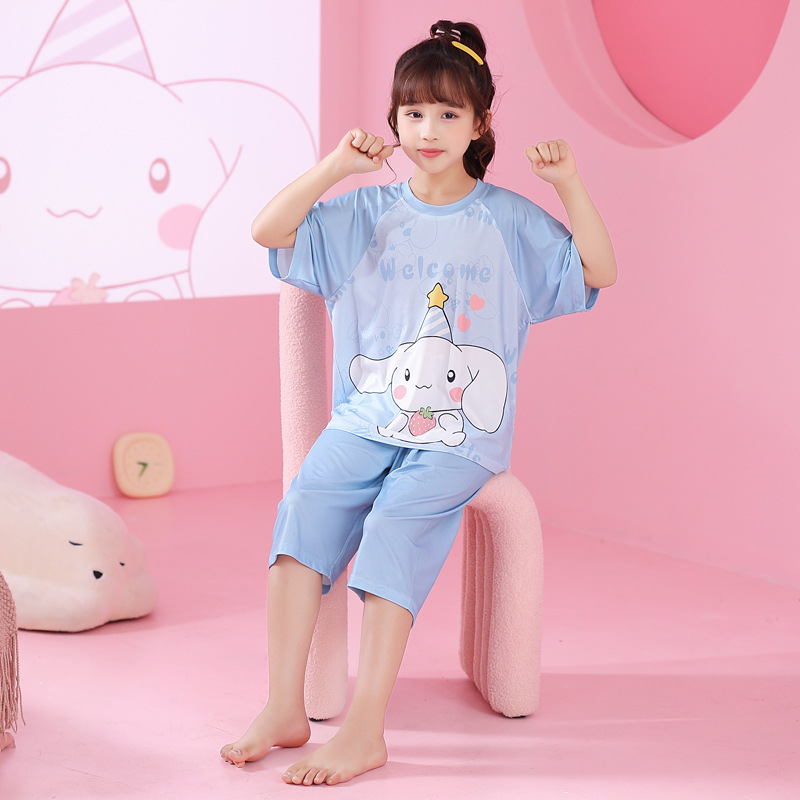 Pijamas de niñas de verano hielo de manga corta delgada set de niños de verano madre e hija padres niños mayores ropa de casa de niñas