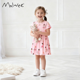 跨境malwee女童连衣裙秋冬新款欧美中小童圆领可爱印花短袖公主裙