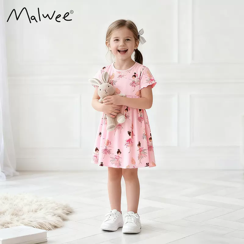 跨境malwee女童连衣裙秋冬新款欧美中小童圆领可爱印花短袖公主裙