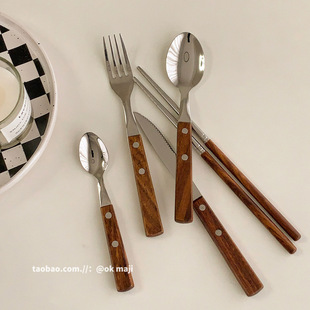 OK maji South Korea ins style high color value retro western restaurant solid wood handle stainless steel 304 knife fork spoon tableware