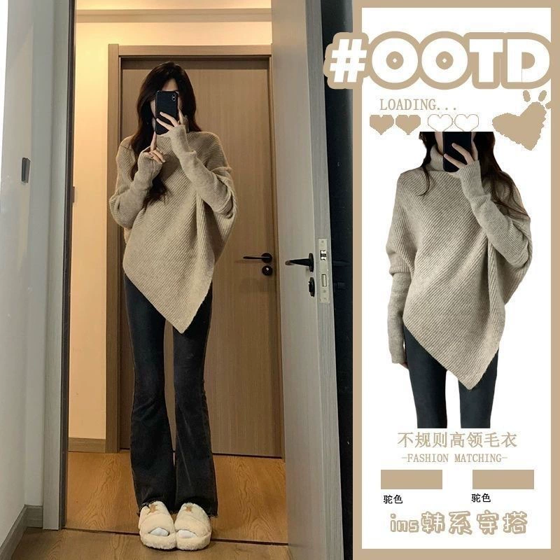 Нерегулярный водолазка женский 2024 осень и зима новый взрывной нежный корейский ленивый ветер толстый трикотажный топ