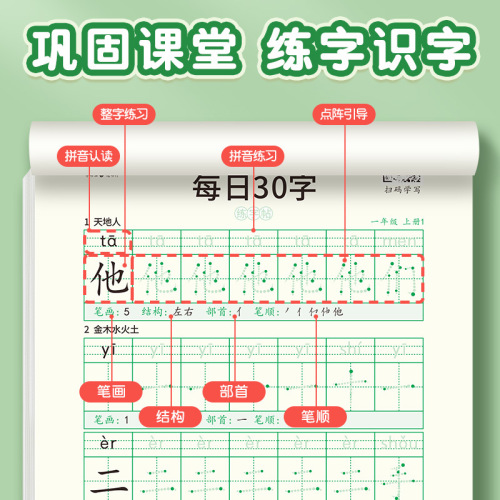 [Stress reduction synchronized copybook, 30 words per day] Dot matrix Chinese calligraphy practice book for primary school students in grades 1-6