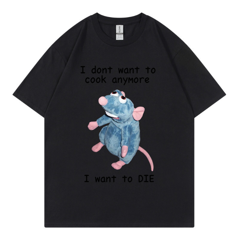 T-shirt en pur coton marque de mode sport nouveaux hommes ample col rond imprimé souris je ne veux pas cuisiner à nouveau T-shirt_voghion.com