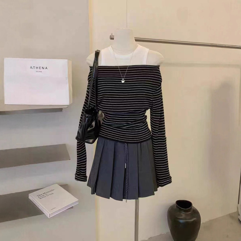 露肩撞色条纹长袖t恤女2025新款早秋季假两件显瘦内搭打底衫上衣|undefined