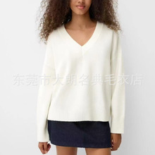 外贸尾单女装V领纯色女式针织衫 欧美慵懒风宽松女式毛衣直播货源