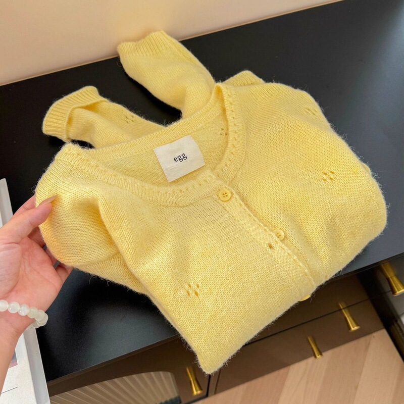 Goose Yellow Hollow Sunscreen Crochet Sweater Women's New Autumn Soft and Skin-Friendly Round Neck Knitted Cardigan Top