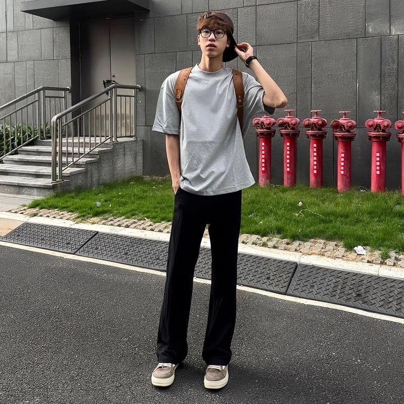 黑色直筒裤子男款夏天高腰显瘦弯刀微喇西裤垂感高级感休闲西装裤|undefined