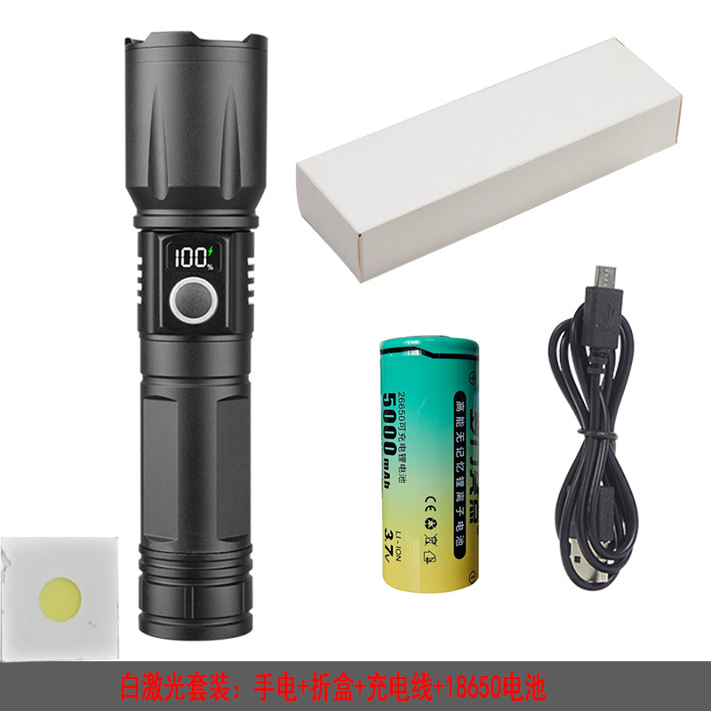 Nueva linterna de luz fuerte, láser blanco, iluminación exterior, zoom telescópico de larga distancia, linterna de inundación grande, carga directa, luz LED