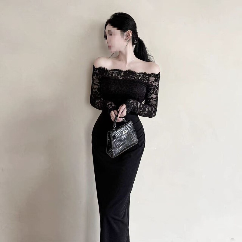 Pure Lust Style One-Shoulder Black Dress Dress for Women Spring and Autum New Style Spliced ​​Lace Waist-Covering Hip Long Skirt