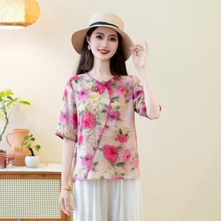 Mom's Summer Chinese Style Embroidered Short-Sleeved Shirt for Middle-Aged and Elderly Women's Temperament and Age-Reducing Retro Ramie Shirt Wholesale