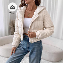 跨境欧美2025秋冬新款女装纯色灯芯绒时尚舒适棉服连帽短款外套