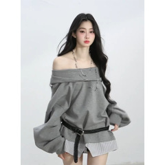 美式假两件美式连帽卫衣女秋季新款宽松显瘦灰色上衣