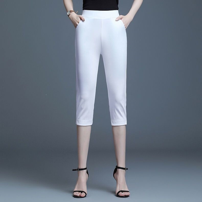 Summer Women's Thin High-Waisted Cropped Pants, Stretchy Loose Casual Slimming Versatile Black and White Straight-Leg Pants
