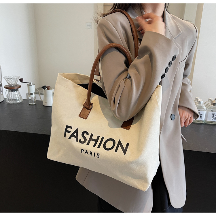 262g Weight Polyester Lining Material Open Closure Type Single Shoulder Strap Strap Type Tote Bag Bags Type Holiday, Daily Occasion Canvas Material Letter Pattern All Seasons Season Women's Gender Classic Style Style Square Shape Large Size Women's Large Canvas Letter Classic Style Square Open Tote Bag 6