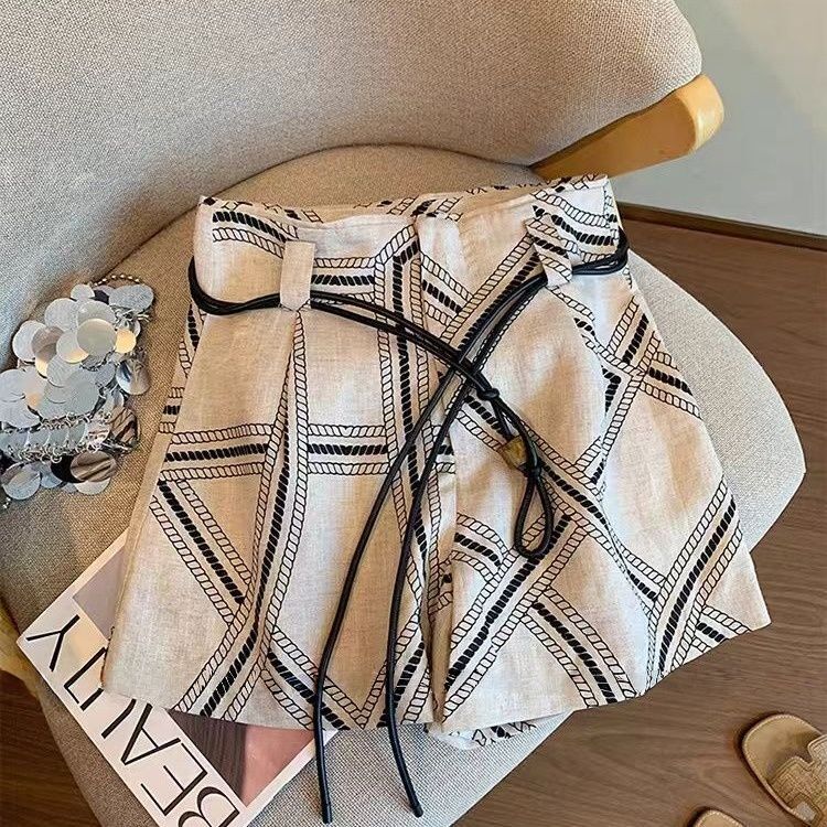 Geometric Print High-Waisted Linen Shorts for Women, New Summer Design, Retro Fashion, Slimming Versatile A-Line Wide-Leg Pants