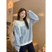 蓝白撞色条纹针织毛衣女秋冬季宽松慵懒高级感百搭打底衫内搭上衣