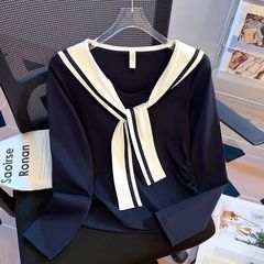 海军领系带披肩长袖t恤女春秋季2025新款设计感收腰褶皱短款上衣