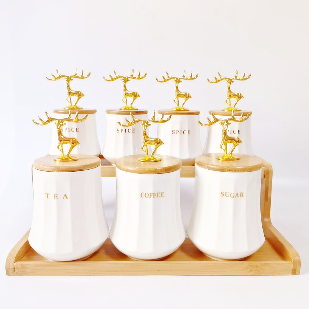 Exportación transfronteriza de latas cerámicas selladas, latas de té, latas de café, latas de almacenamiento de cocina, marcos de madera de doble capa, latas de condimento irregulares