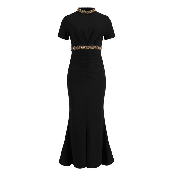 Hong Kong Style Light Luxury Socialite Fashion Elegant Hip Short-sleeved dress 2025 New Black Evening Dress Women's Small Black Dress
