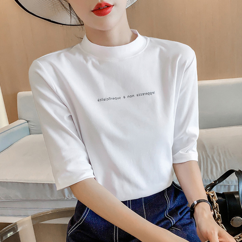 2025 봄 여름 신상품 화이트 반팔 티셔츠 여성용 하프 터틀넥 슬림핏 순면 5부 소매 이너웨어 베이스 레이어 탑