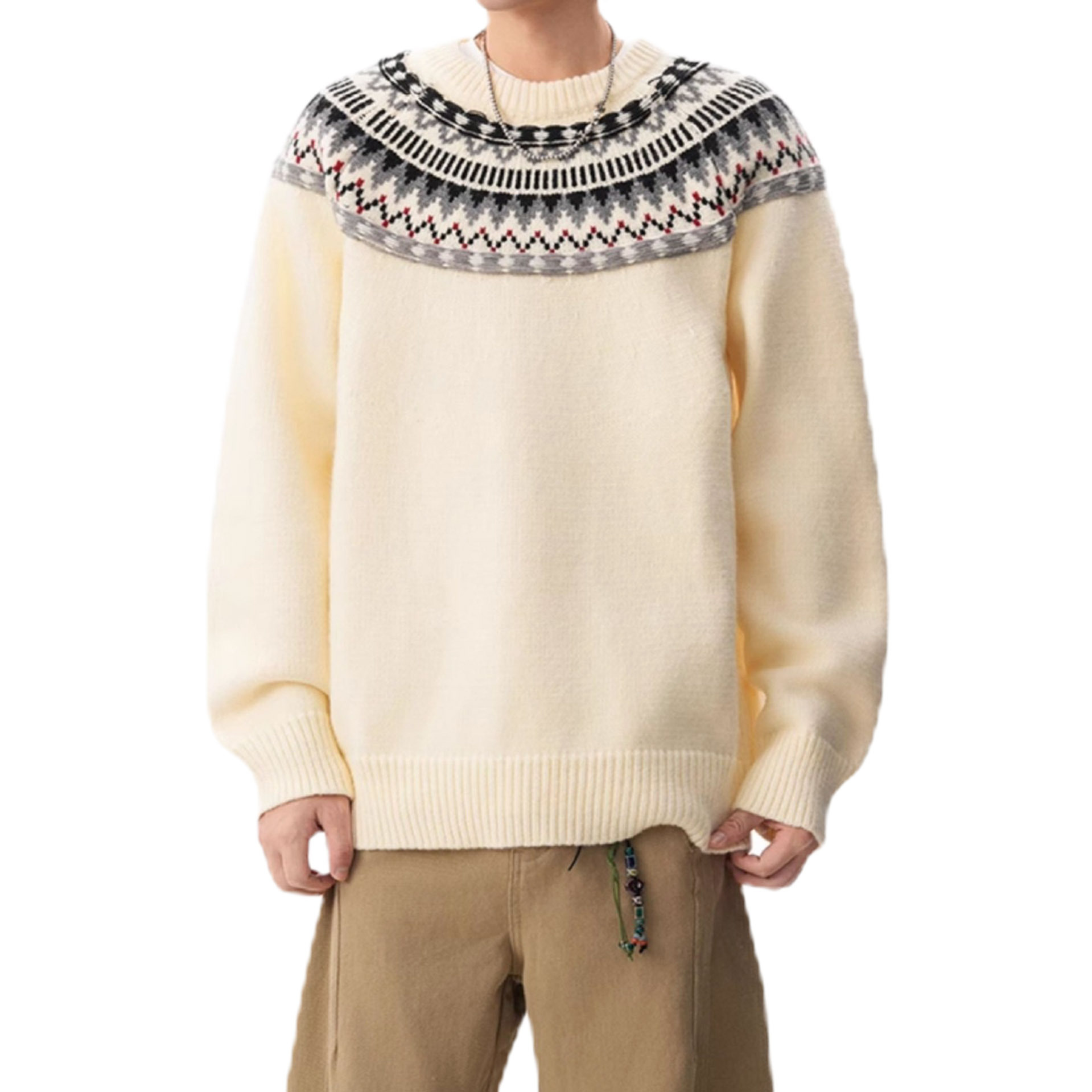 Explosiones transfronterizas de tamaño europeo de tamaño grande Fair Island Jacquard suéter de punto de Navidad hombre cuello redondo fábrica de moda al por mayor