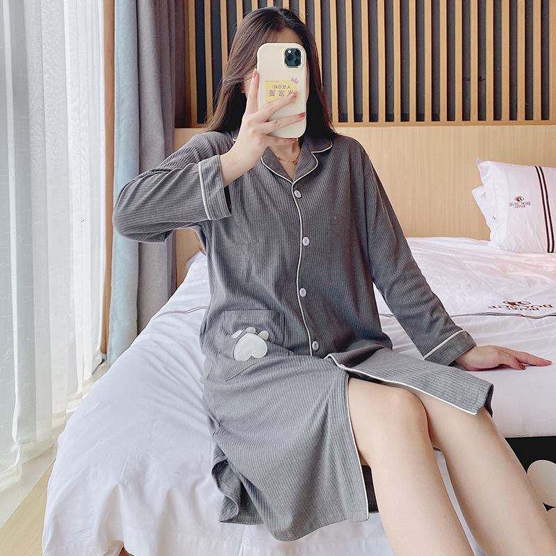 New pajamas women's autumn and winter nightdress long-sleeved home wear pit combed cotton spring and autumn summer simple cute mid-length