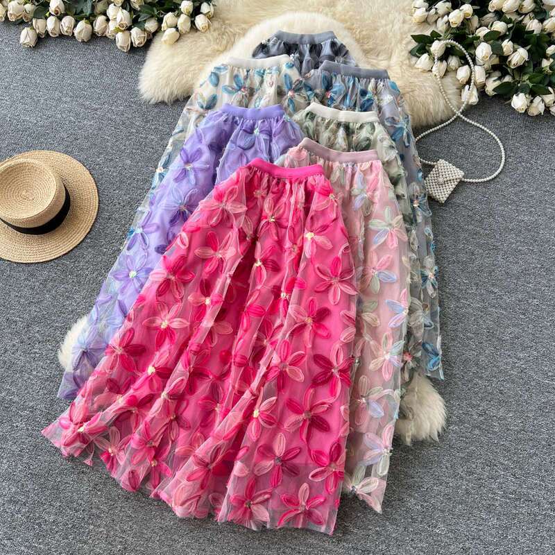 Heavy Floral Sequin Fairy Tulle Skirt 2025 Autumn New Hip-Covering Long Umbrella Skirt A-Line Half Skirt Domestic Trade New